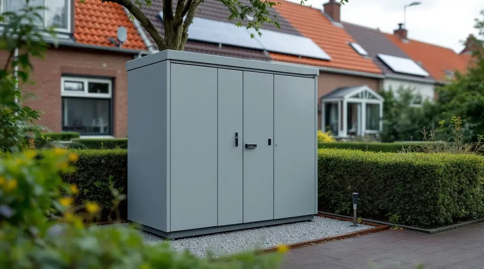 Een grijze stalen batterijkast zo groot als een tuinschuur op een grindbed aan de rand van een woonwijk, met een haag en huizen met zonnepanelen erachter