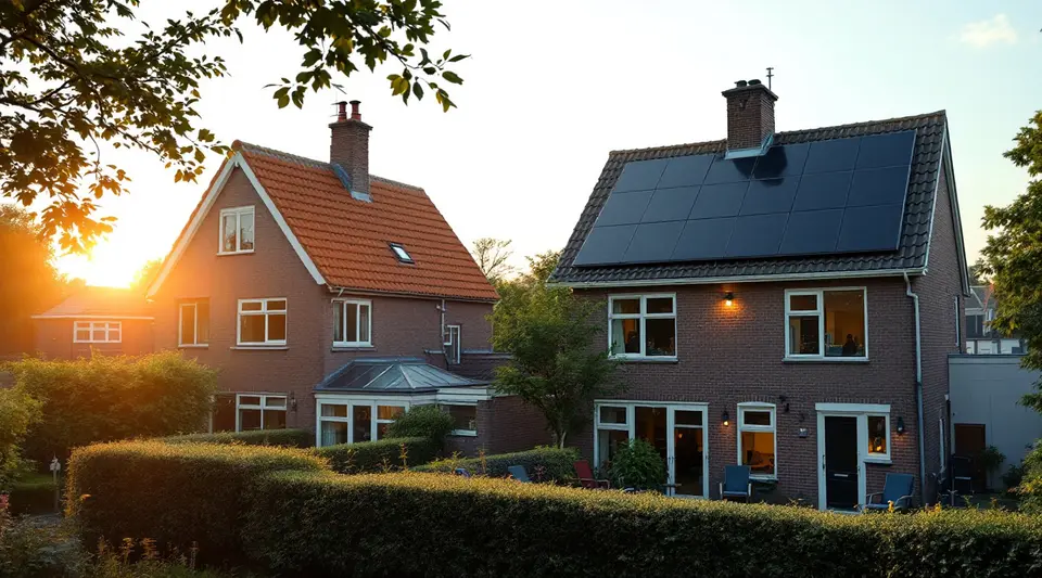 Twee woningen naast elkaar op een zomeravond, de ene met zonnepanelen op het dak en de andere zonder, met een beukenhaag tussen de tuinen