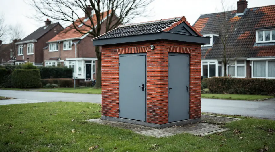 Een bakstenen transformatorhuisje met een pannendak en grijze stalen deuren op een grasveld in een woonwijk