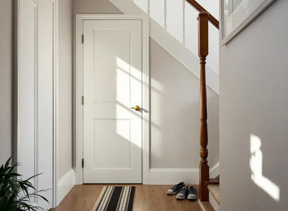 Een lichte hal in een jarendertigwoning met een houten trap en een gesloten witte deur, zoals die van de meterkast