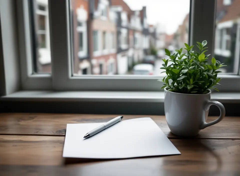 Een houten keukentafel bij het raam met een leeg vel papier, een pen en een plant, met een straat met rijtjeshuizen buiten