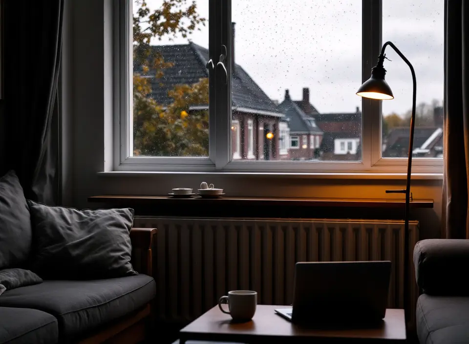 Een woonkamer op een regenachtige herfstavond, met een radiator onder het raam, een staande lamp, een bank en een dichtgeklapte laptop op de salontafel