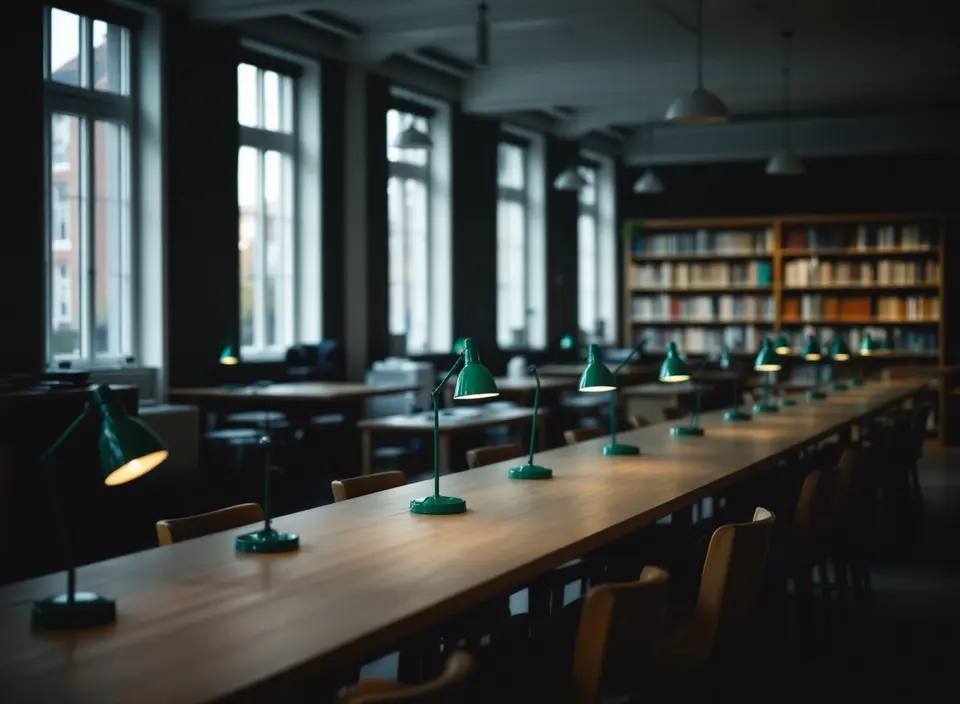 Een stille leeszaal van een openbare bibliotheek met lange houten tafels en groene leeslampen