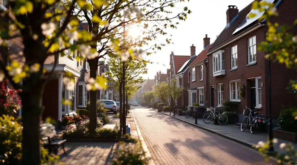 Een Nederlandse straat met bakstenen rijtjeshuizen uit de jaren dertig in de ochtendzon, met fietsen tegen de gevels en jonge bomen langs de stoep