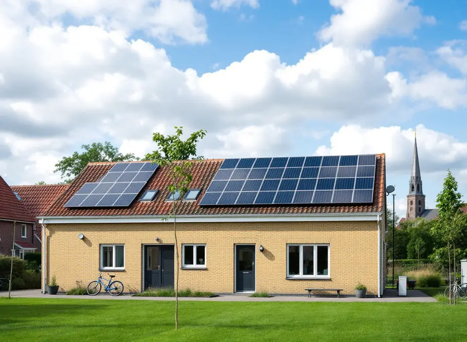 Een laag gebouw van gele baksteen met zonnepanelen op het pannendak, met een fiets tegen de gevel en een kerktoren op de achtergrond