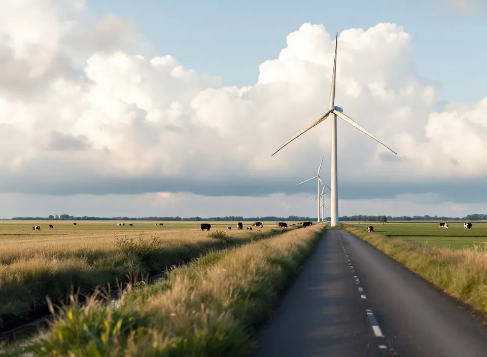 Een windturbine langs een rechte polderweg met koeien in de wei en grote wolken